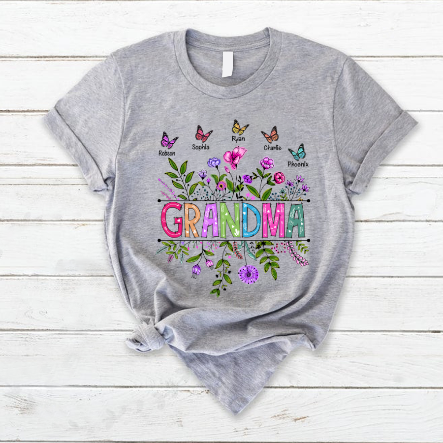 Personalized Wildflowers Grandma And Grandkids Butterfly T-Shirt-11