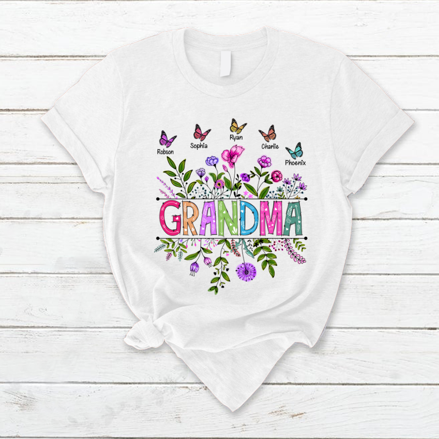 Personalized Wildflowers Grandma And Grandkids Butterfly T-Shirt-10